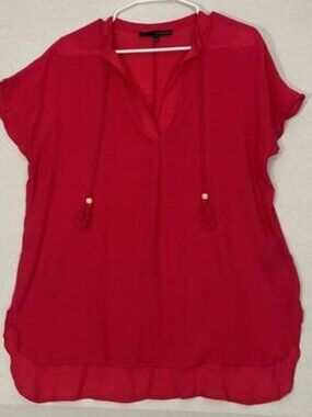 Harve Benard Top, Semi Sheer, Split Neck, High Low Hem, Red, Large